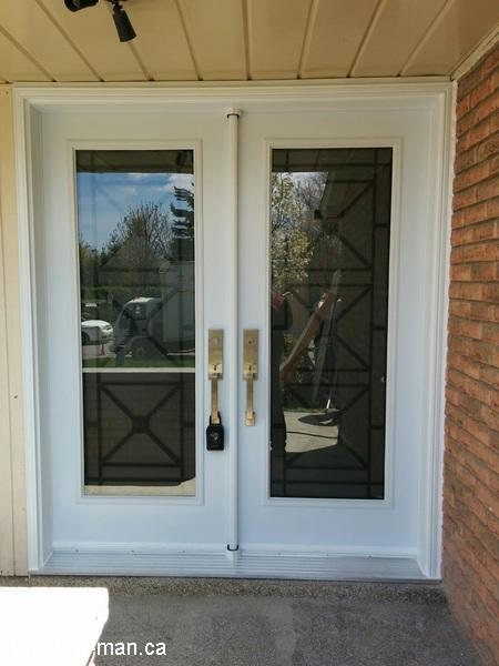 Double front entry exterior doors insulated steel. White. Contemporary Century wrought iron glass inserts